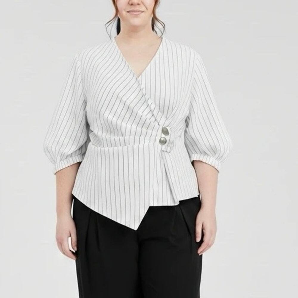 CURVE White Pinstripe Tie-Front Blouse Kimono Sleeve Size 5XL